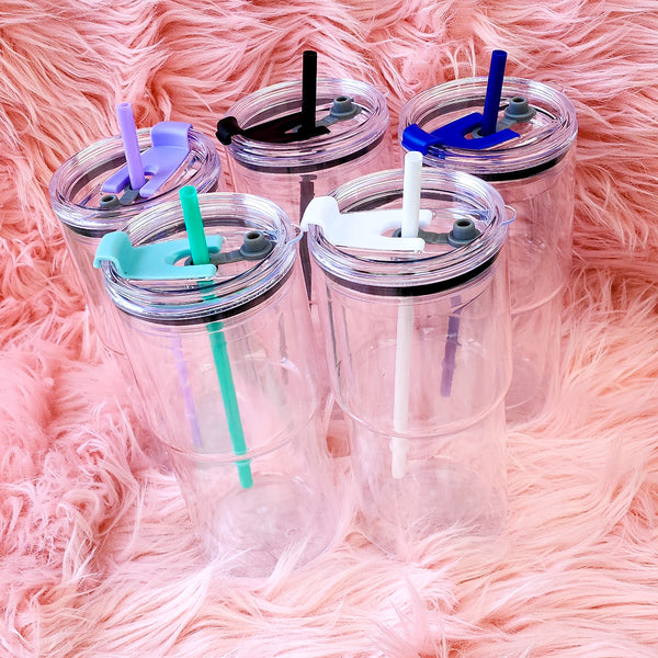 24oz Plastic Acrylic Snow Globe Curved Cup w/ Colored Lid & Straw