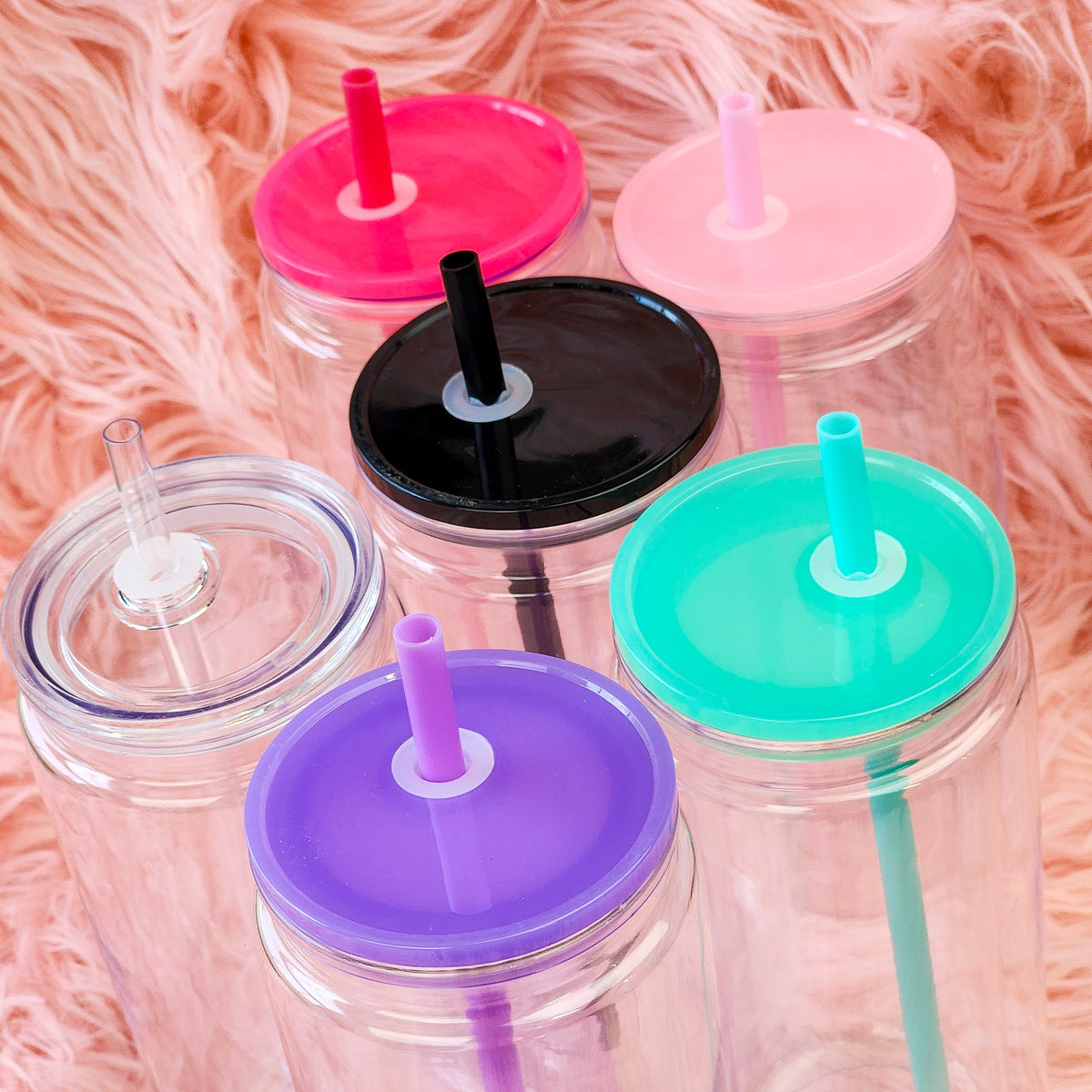 16/20oz Plastic Snow Globe Can w/ Colored Lid & Matching Straw