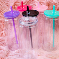 16/20oz Plastic Snow Globe Can w/ Colored Lid & Matching Straw