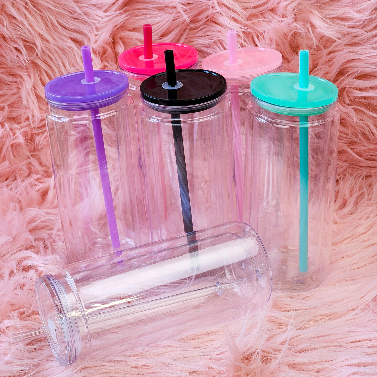 16/20oz Plastic Snow Globe Can w/ Colored Lid & Matching Straw