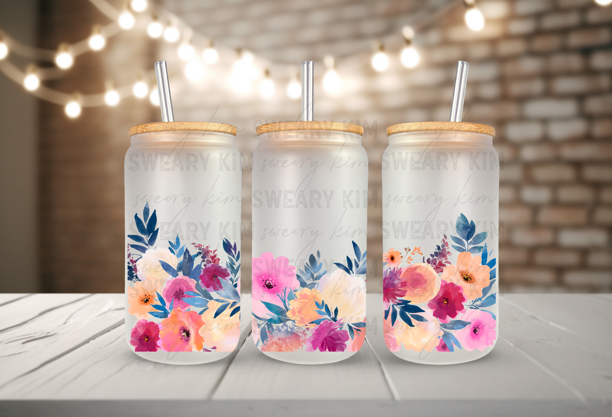 Pink & Blue Watercolor Floral Border UV Dtf 16oz glass can wrap