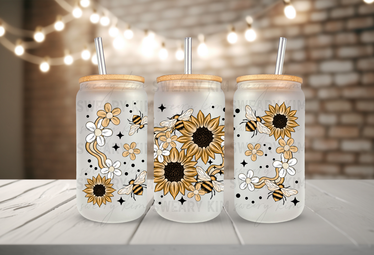 Bees & Sunflowers UV Dtf 16oz glass can wrap