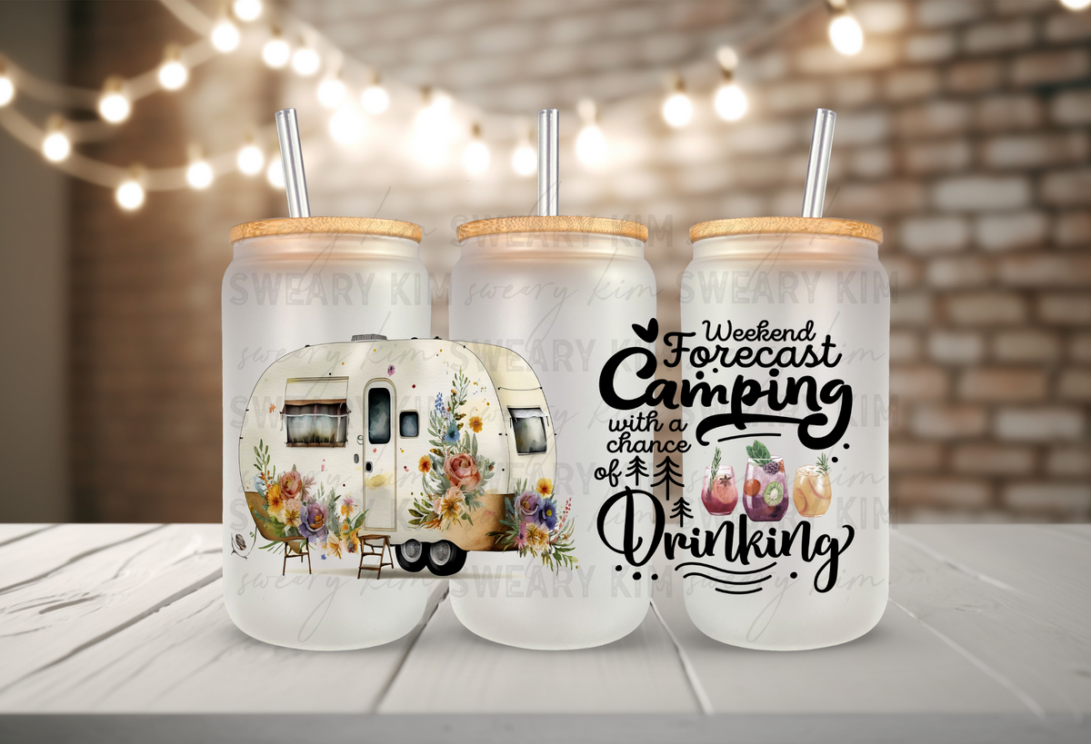 Weekend Forecast is Camping UV Dtf 16oz glass can wrap