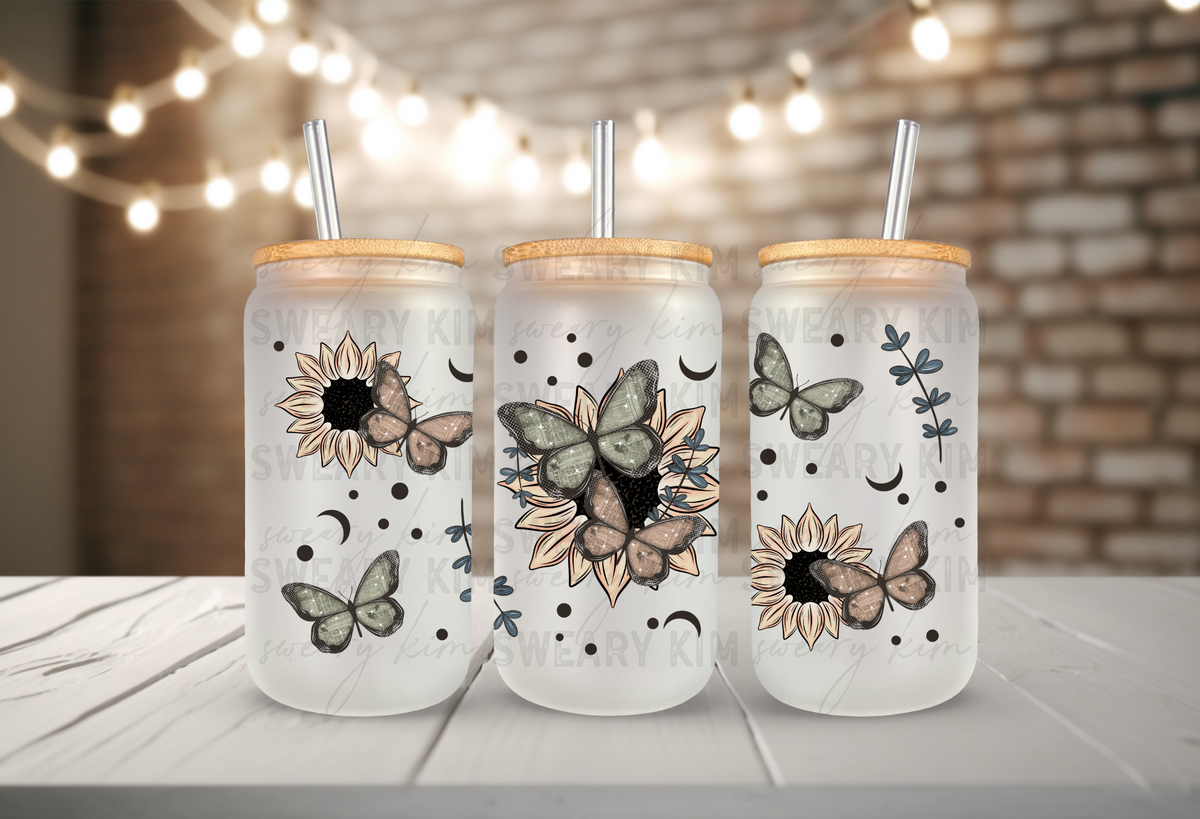 Digitized Butterflies & Sunflowers UV Dtf 16oz Glass Can Wrap