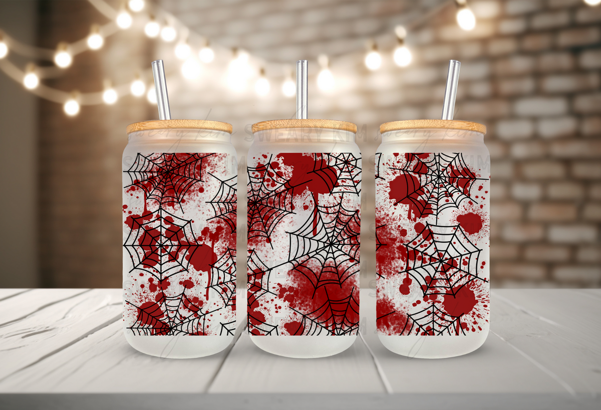 Bloody Spider Webs UV Dtf 16oz Glass Can Wrap