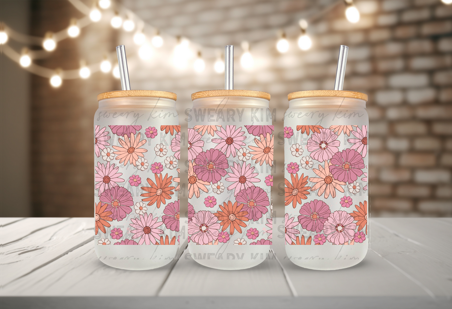 Pink & Coral Flowers UV Dtf 16oz glass can wrap