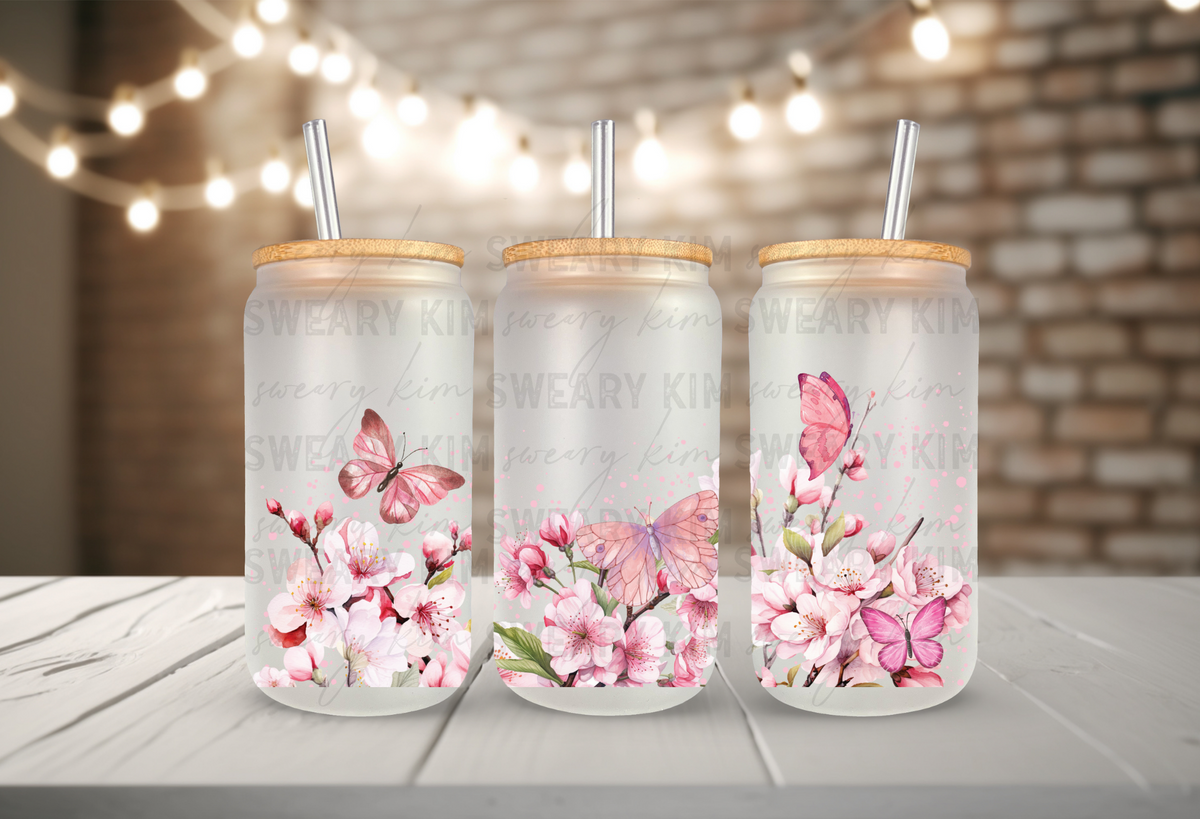 Pink Butterflies & Flowers UV Dtf 16oz Glass Can Wrap