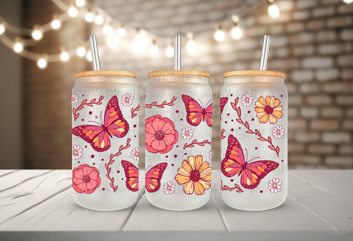 Exclusive Butterfly Florals UV Dtf 16oz glass can wrap