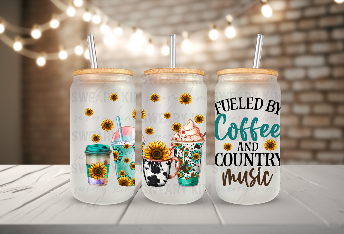 Fueled By Coffee & Country Music Turquoise UV Dtf 16oz Glass Can Wrap