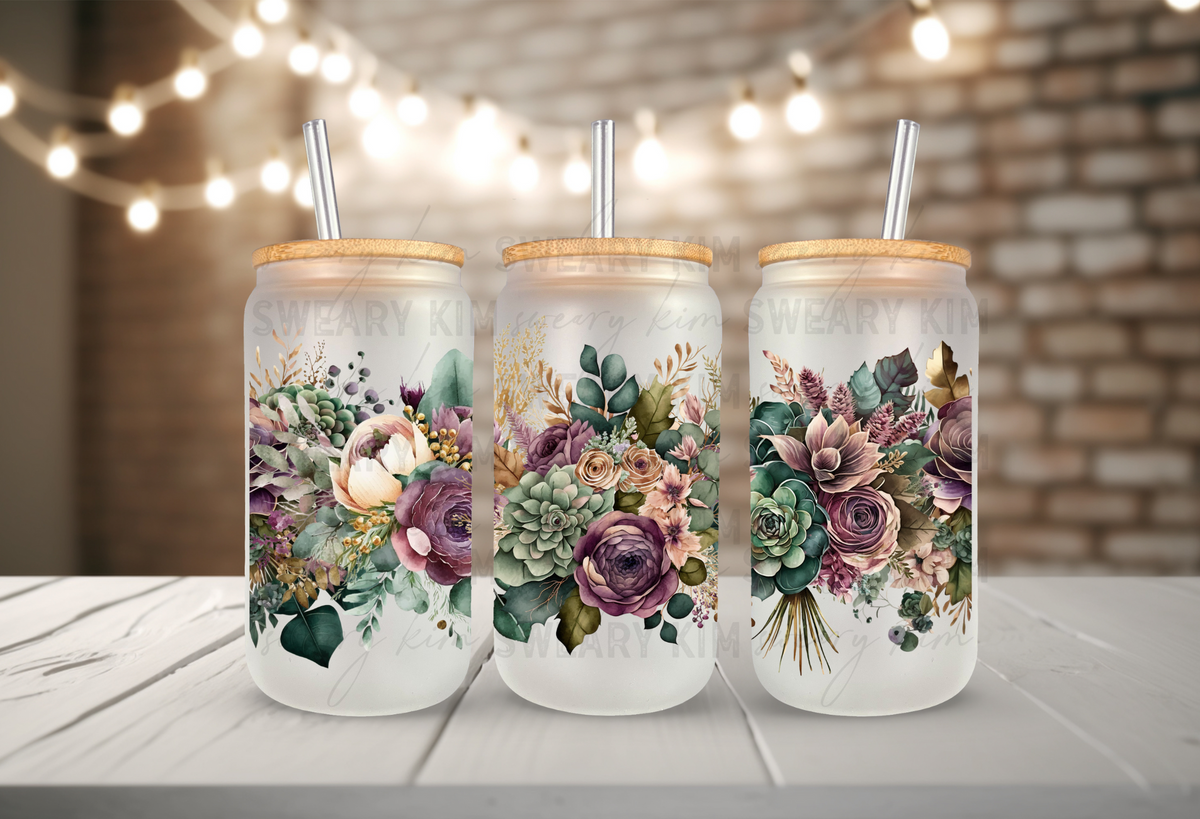 Succulent Florals & Greenery UV Dtf 16oz glass can wrap