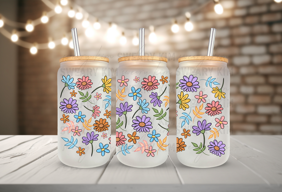 Bright Colorful Florals UV Dtf 16oz glass can wrap