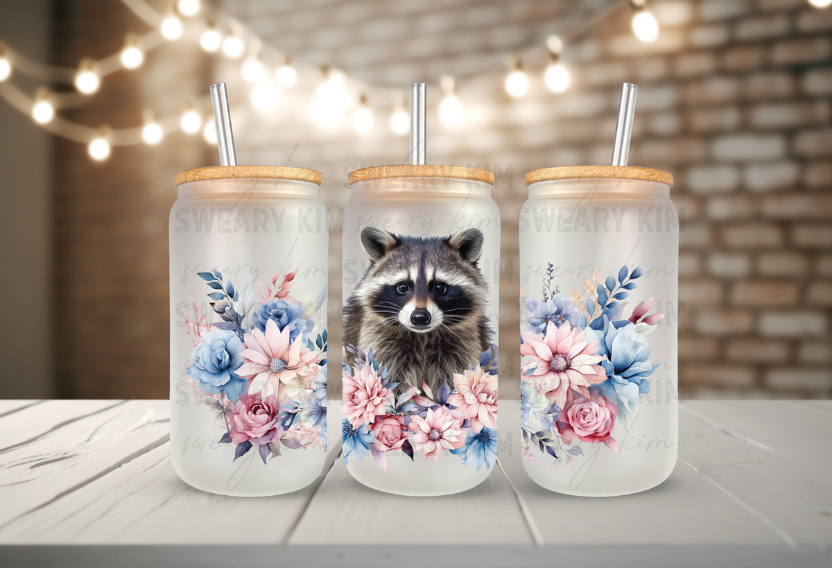 Floral Raccoon UV Dtf 16oz glass can wrap