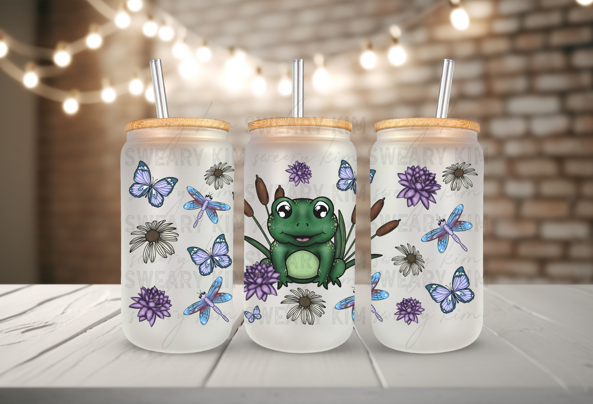 Frog & Flowers UV Dtf 16oz glass can wrap