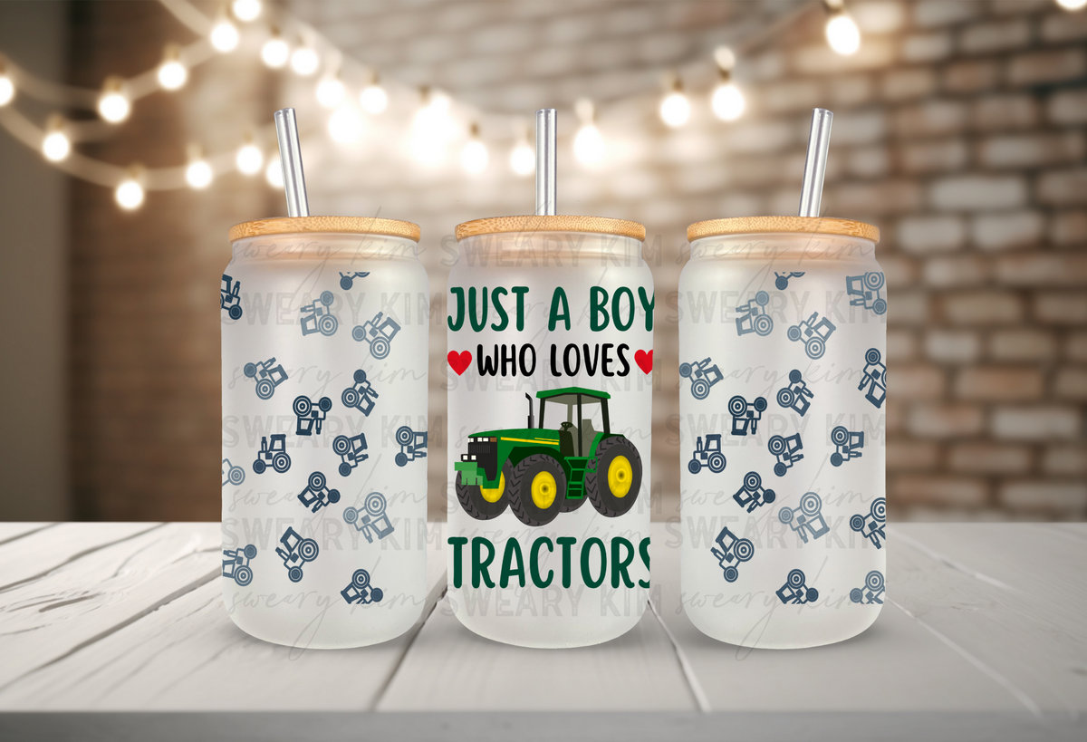 Just A Boy Who Loves Tractors UV Dtf 16oz glass can wrap