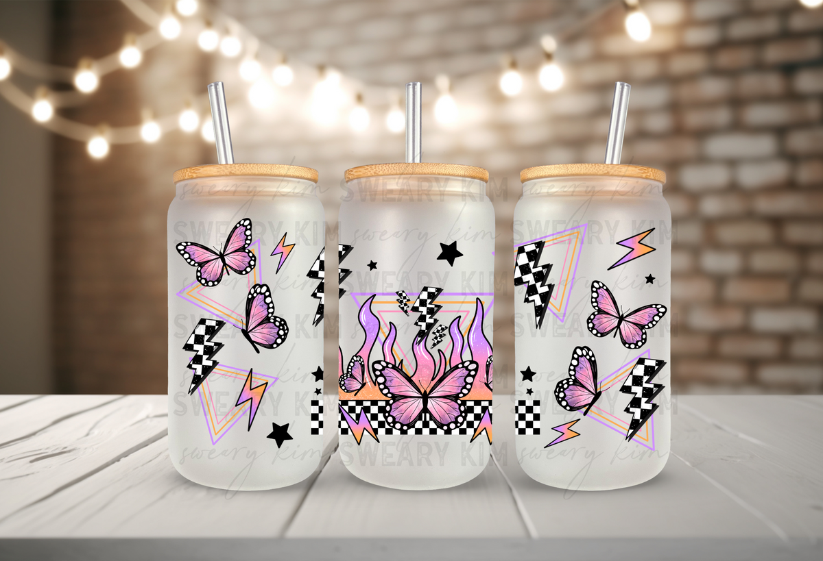 Neon Butterflies & Checkered Bolts UV Dtf 16oz glass can wrap