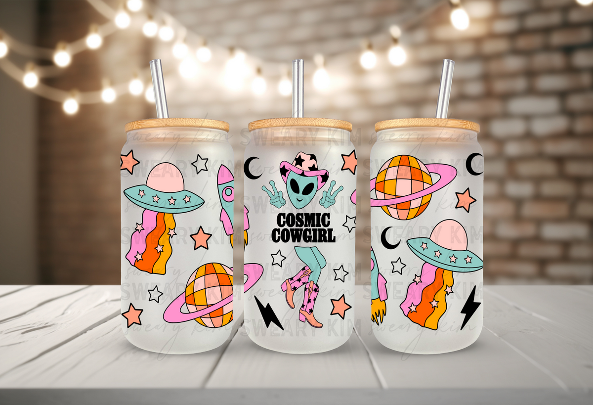 Cosmic Cowgirl UV Dtf 16oz Glass Can Wrap