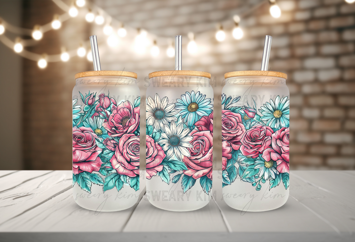 Roses & Daisies UV Dtf 16oz glass can wrap