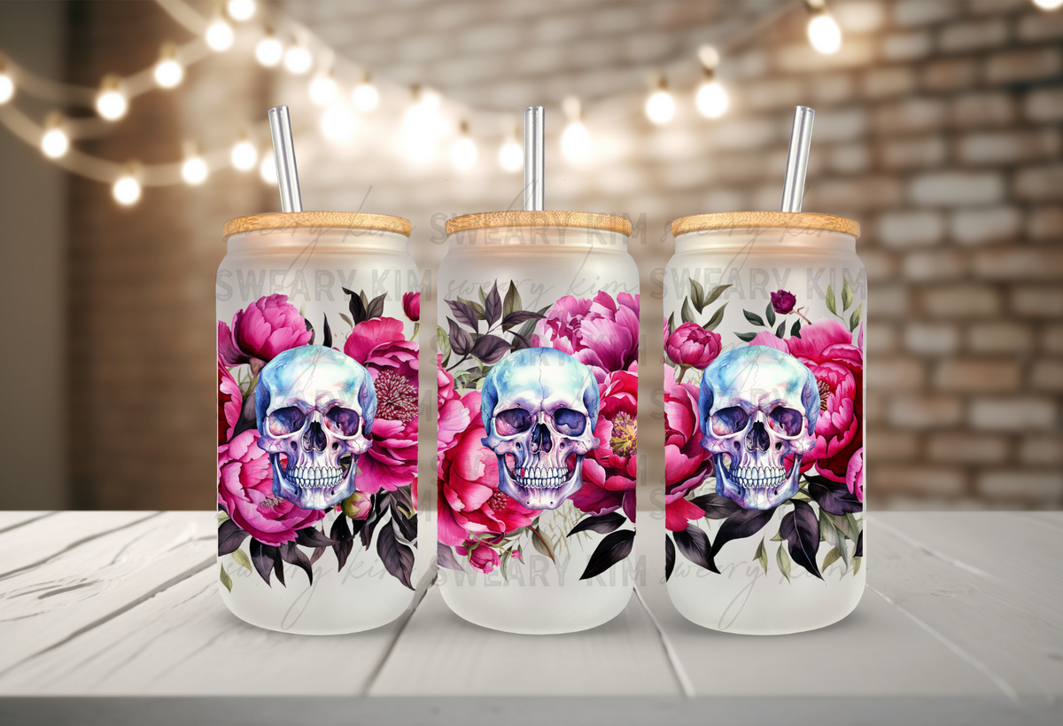 Skull Peonies UV Dtf 16oz glass can wrap