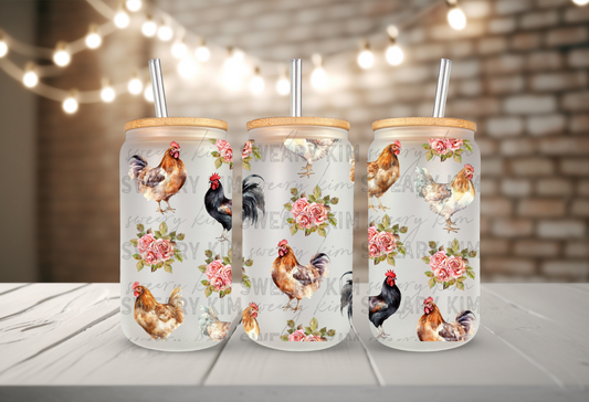 Chickens & Roses **Wide Wrap** UV Dtf 16oz glass can wrap