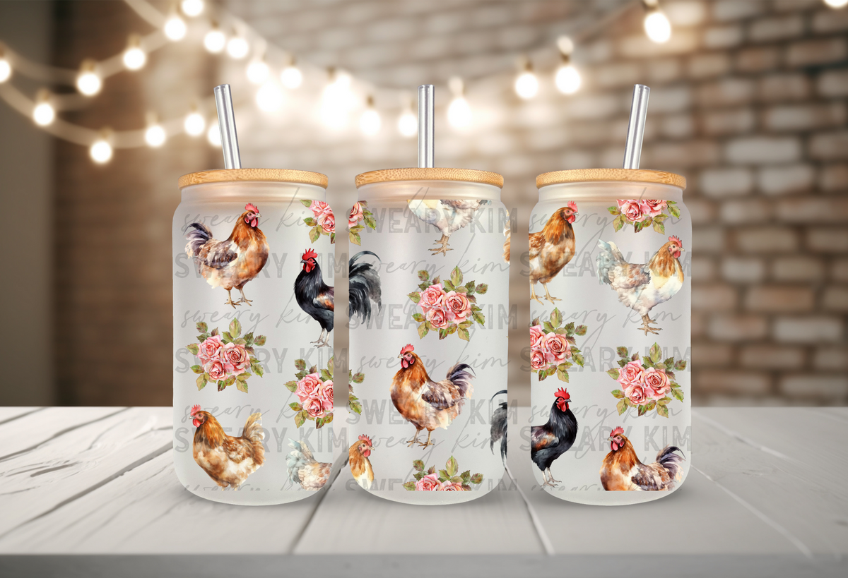 Chickens & Roses UV Dtf 16oz glass can wrap