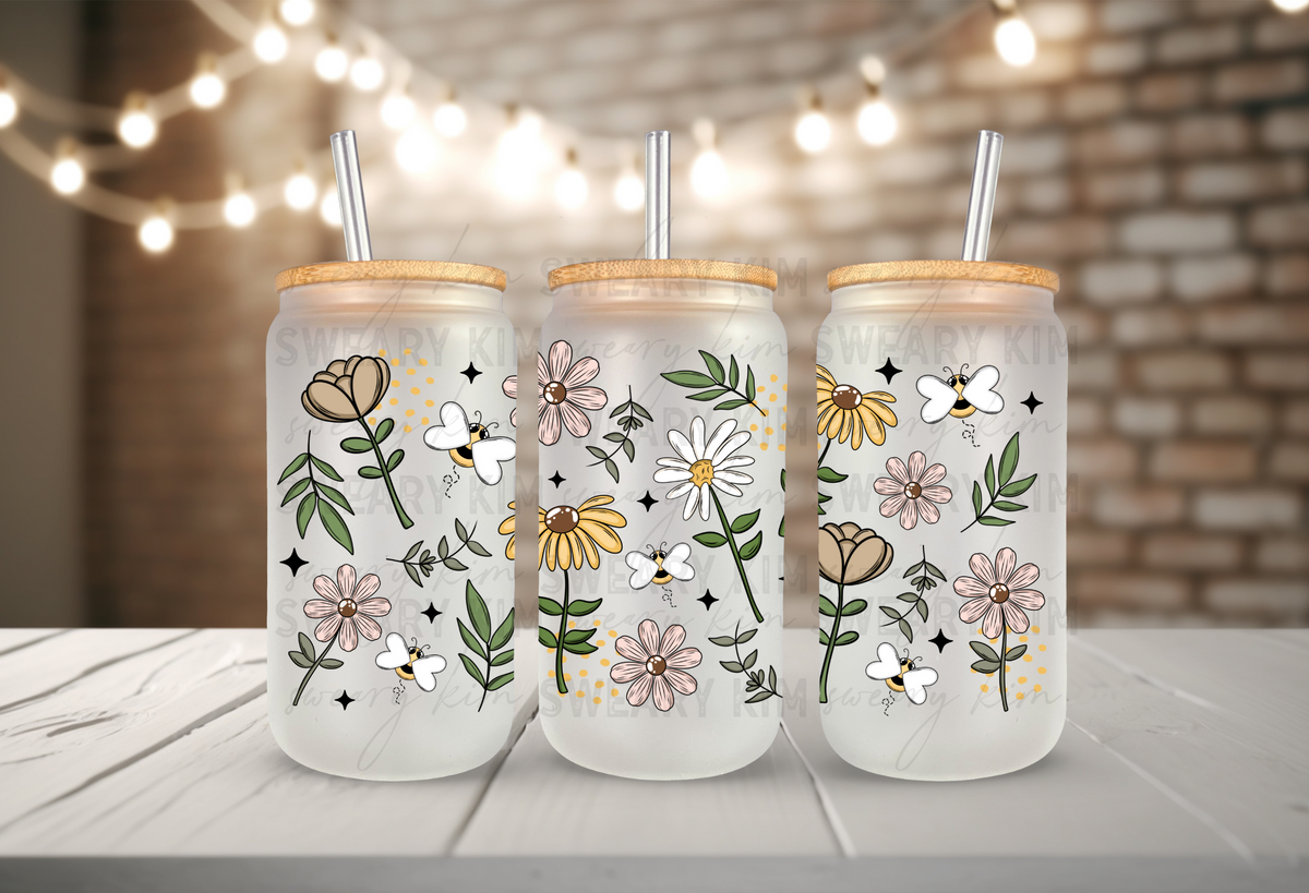 Bee Florals UV Dtf 16oz glass can wrap