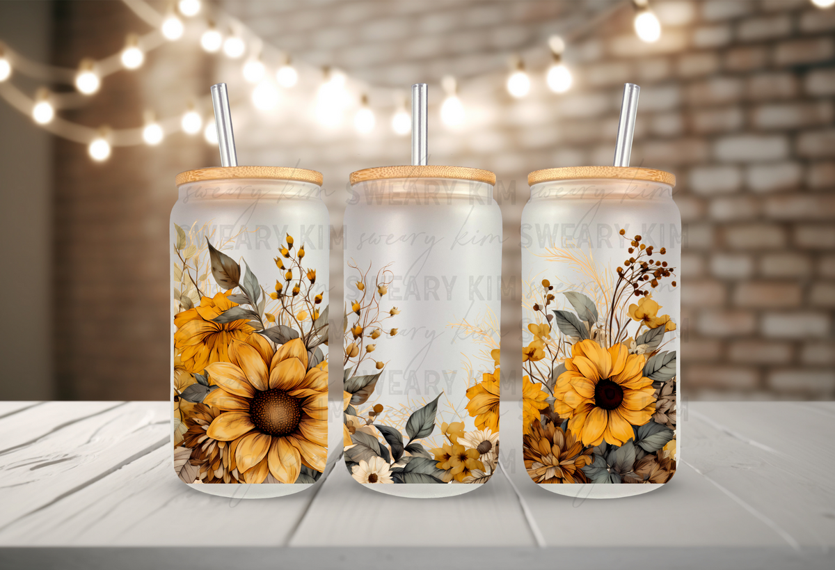 Boho Sunflower Floral Border UV Dtf 16oz glass can wrap