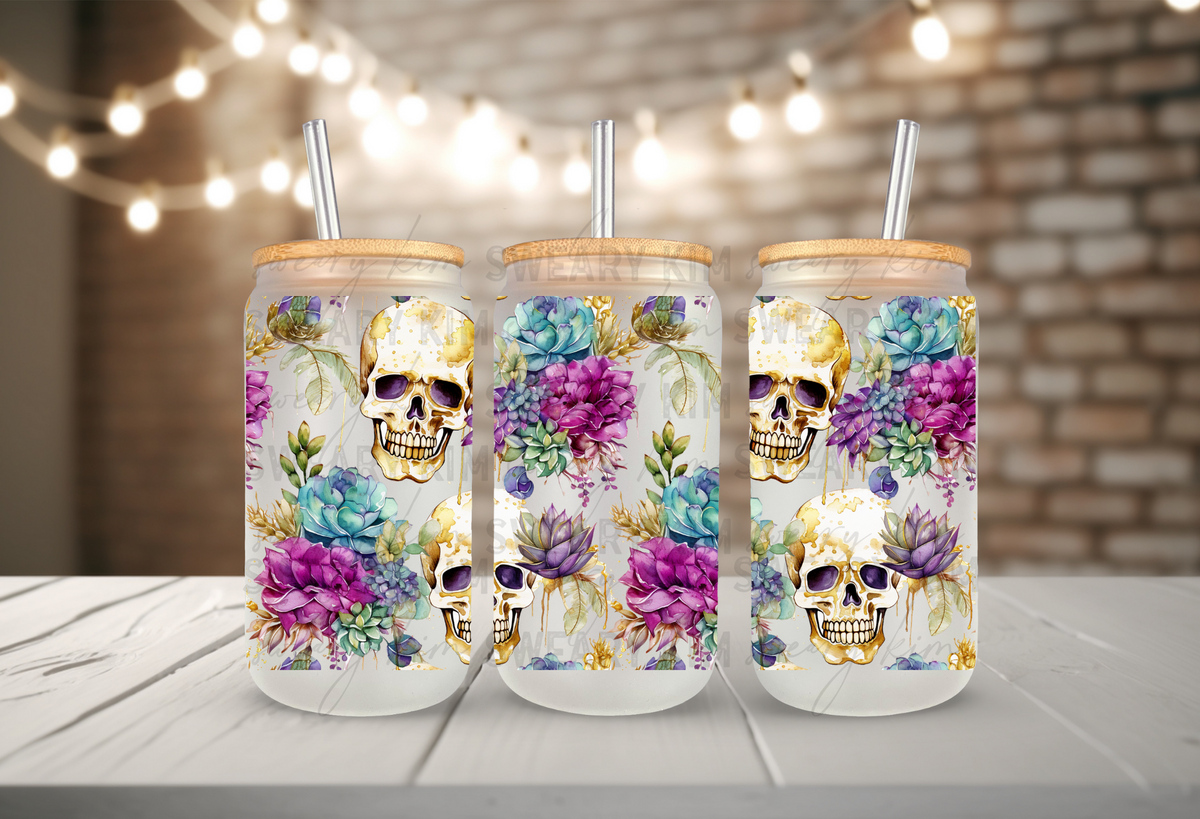 Drippy Succulent Skellies UV Dtf 16oz glass can wrap