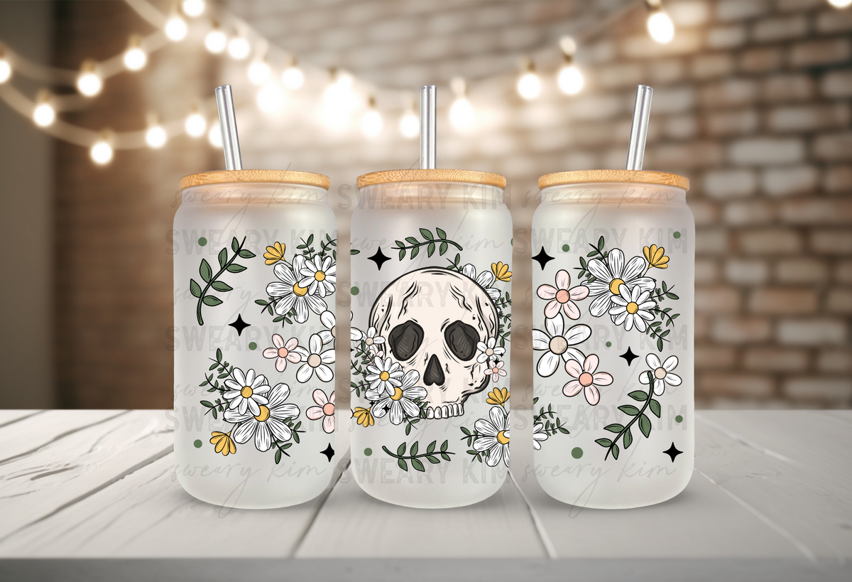 Girly Floral Skull UV Dtf 16oz Glass Can Wrap