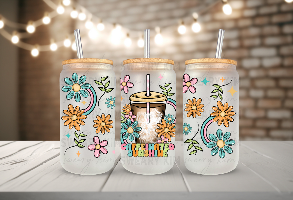 Exclusive Caffeinated Sunshine UV Dtf 16oz Glass Can Wrap