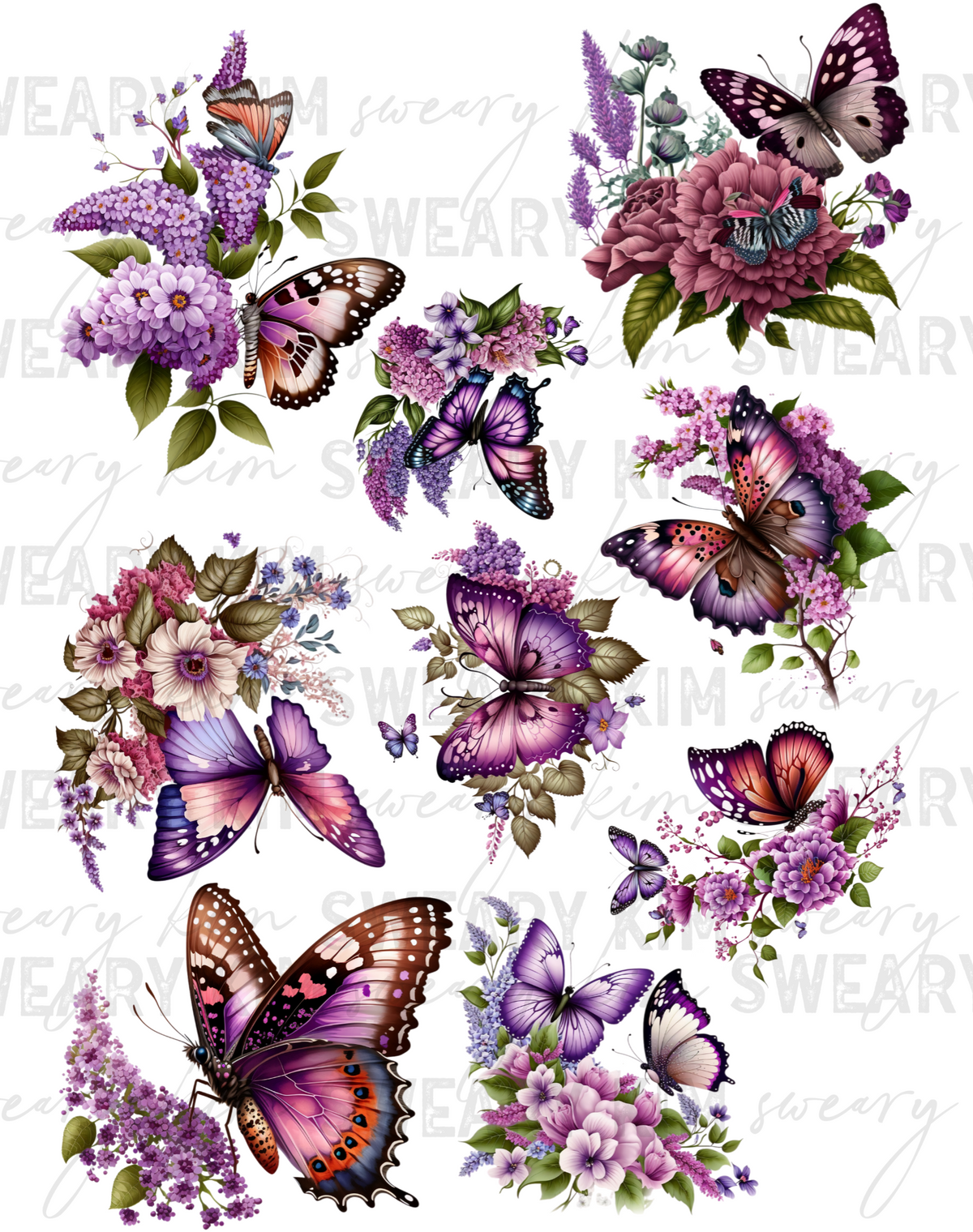 Purple Floral Butterflies UV Dtf Element Sheet 7.5inx10.5in