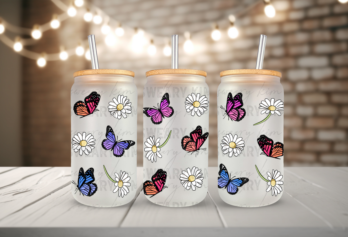 Retro Butterflies UV Dtf 16oz glass can wrap