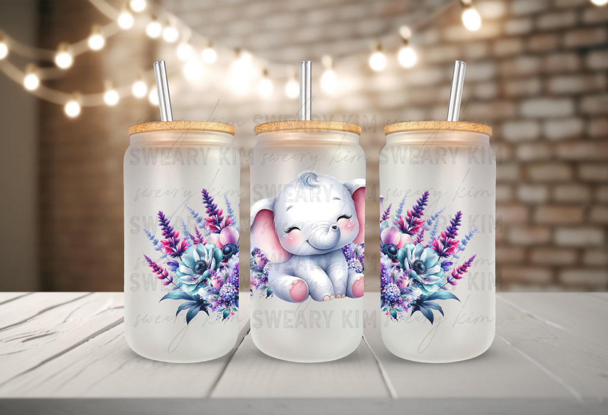 Floral Baby Elephant UV Dtf 16oz Glass Can Wrap