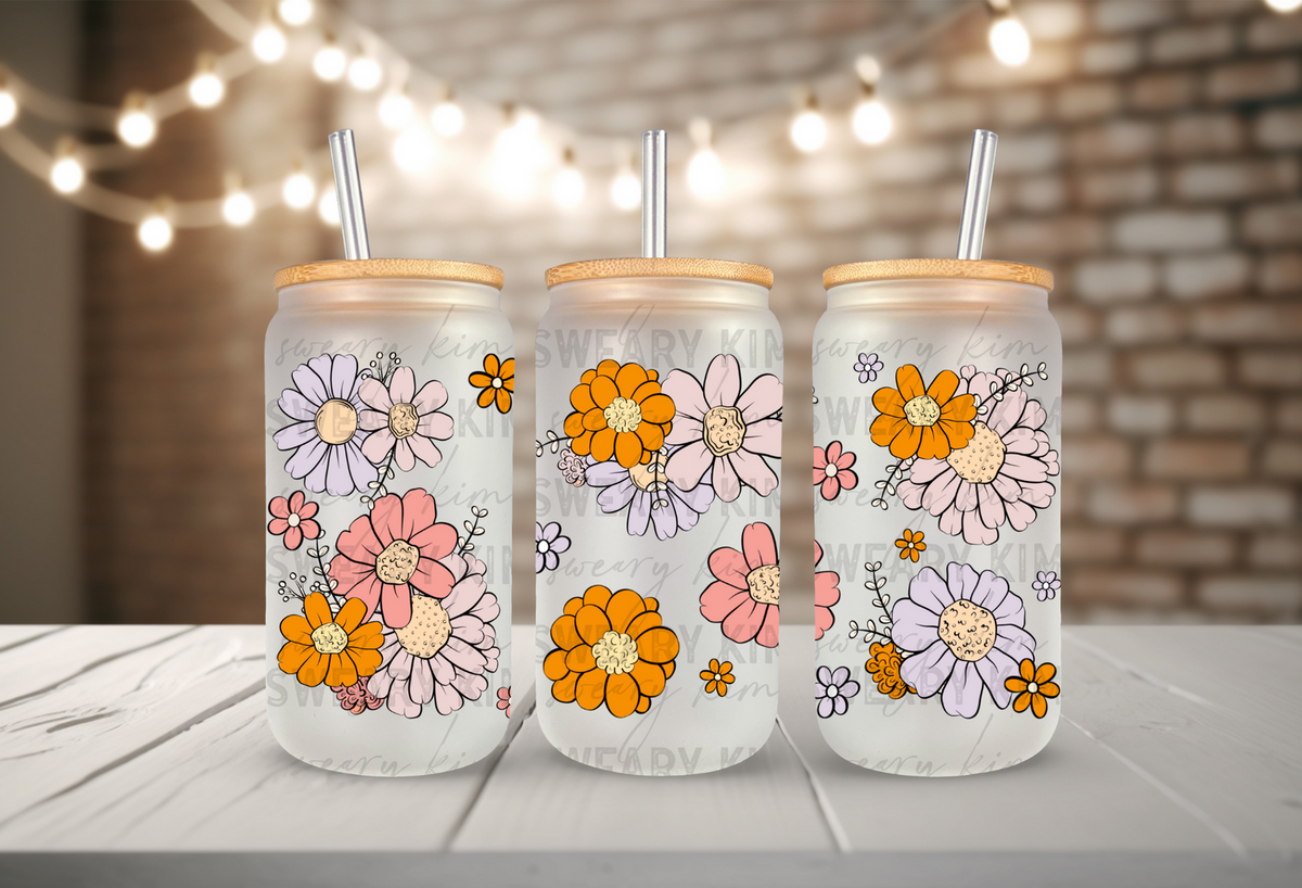 Retro Florals UV Dtf 16oz glass can wrap