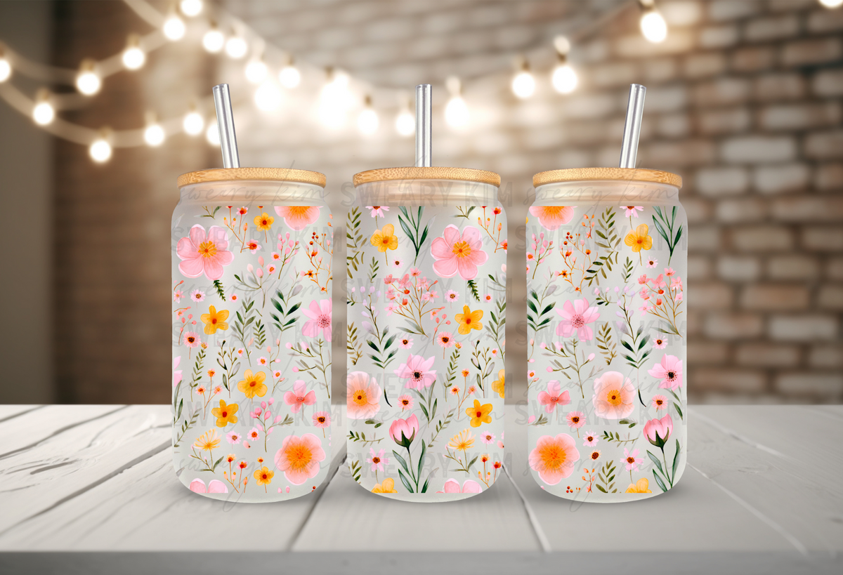 Pink & Yellow Wildflowers UV Dtf 16oz Glass Can Wrap