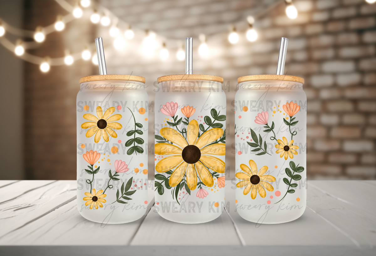 Yellow & Pink Flower Doodles UV Dtf 16oz glass can wrap