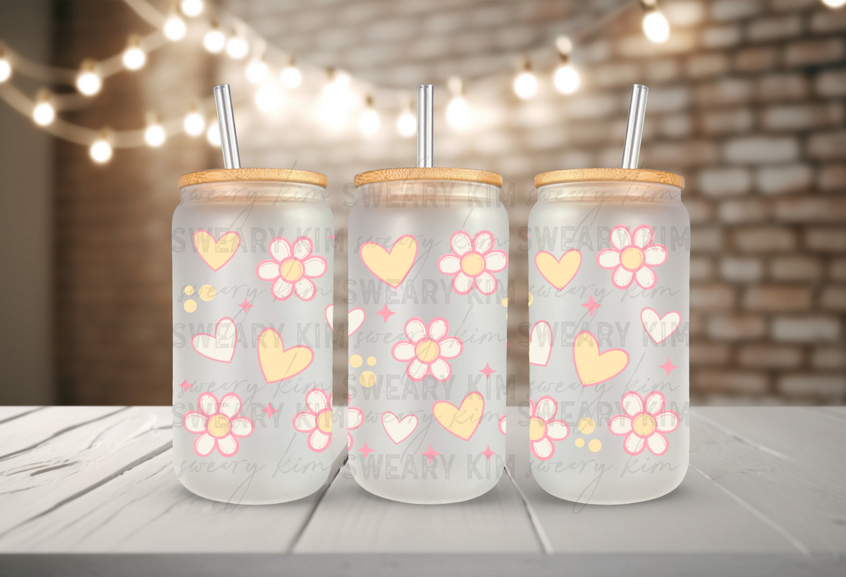 Pastel Hearts & Daisy's UV Dtf 16oz glass can wrap