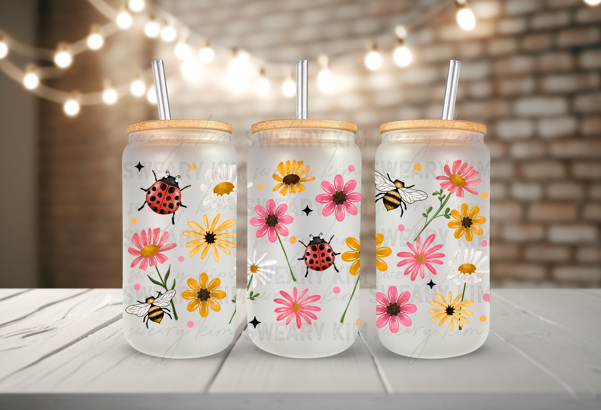 Ladybugs Bees & Flowers UV Dtf 16oz Glass Can Wrap