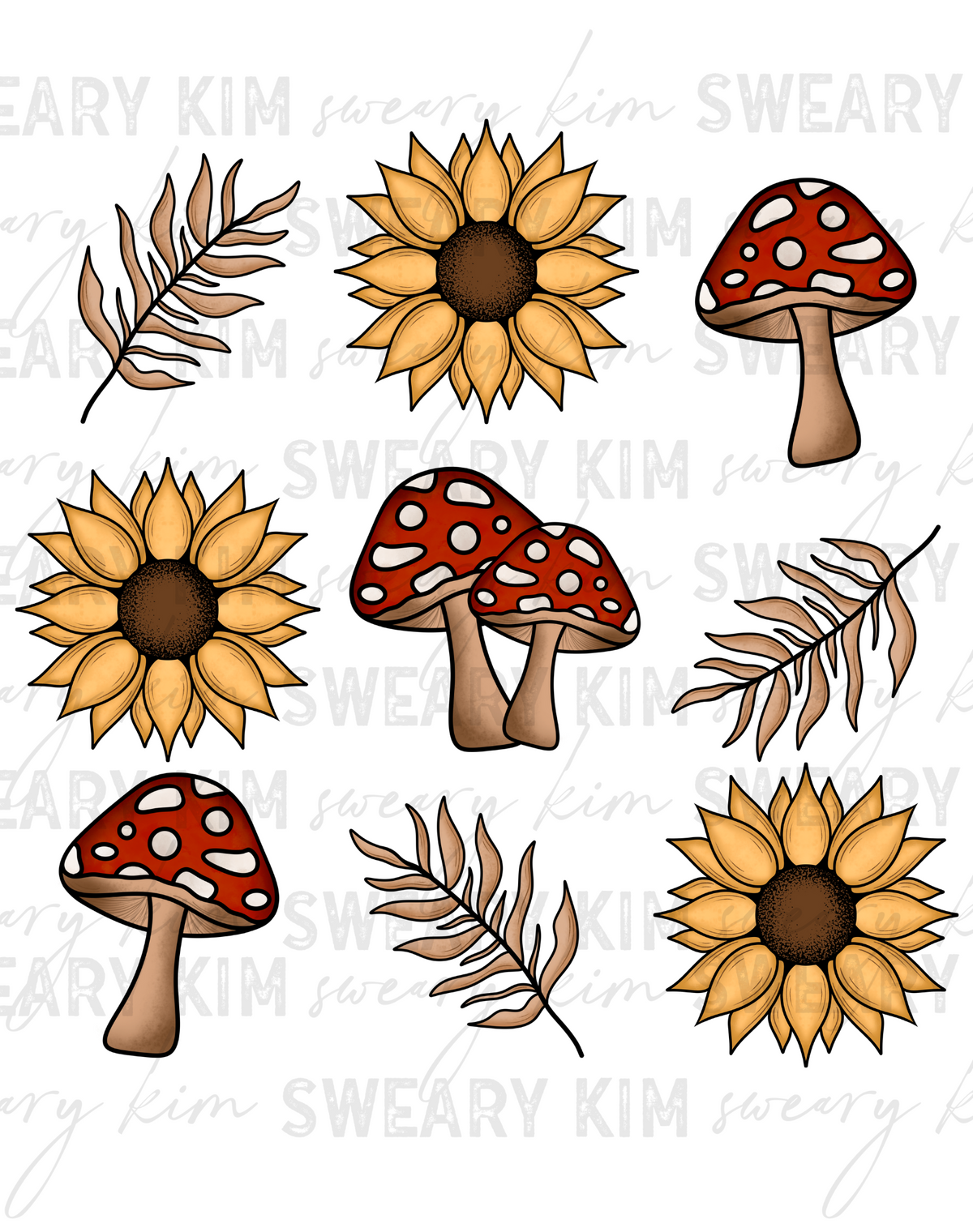 Mushies & Sunflowers UV Dtf Element Sheet 7.5inx7.5in