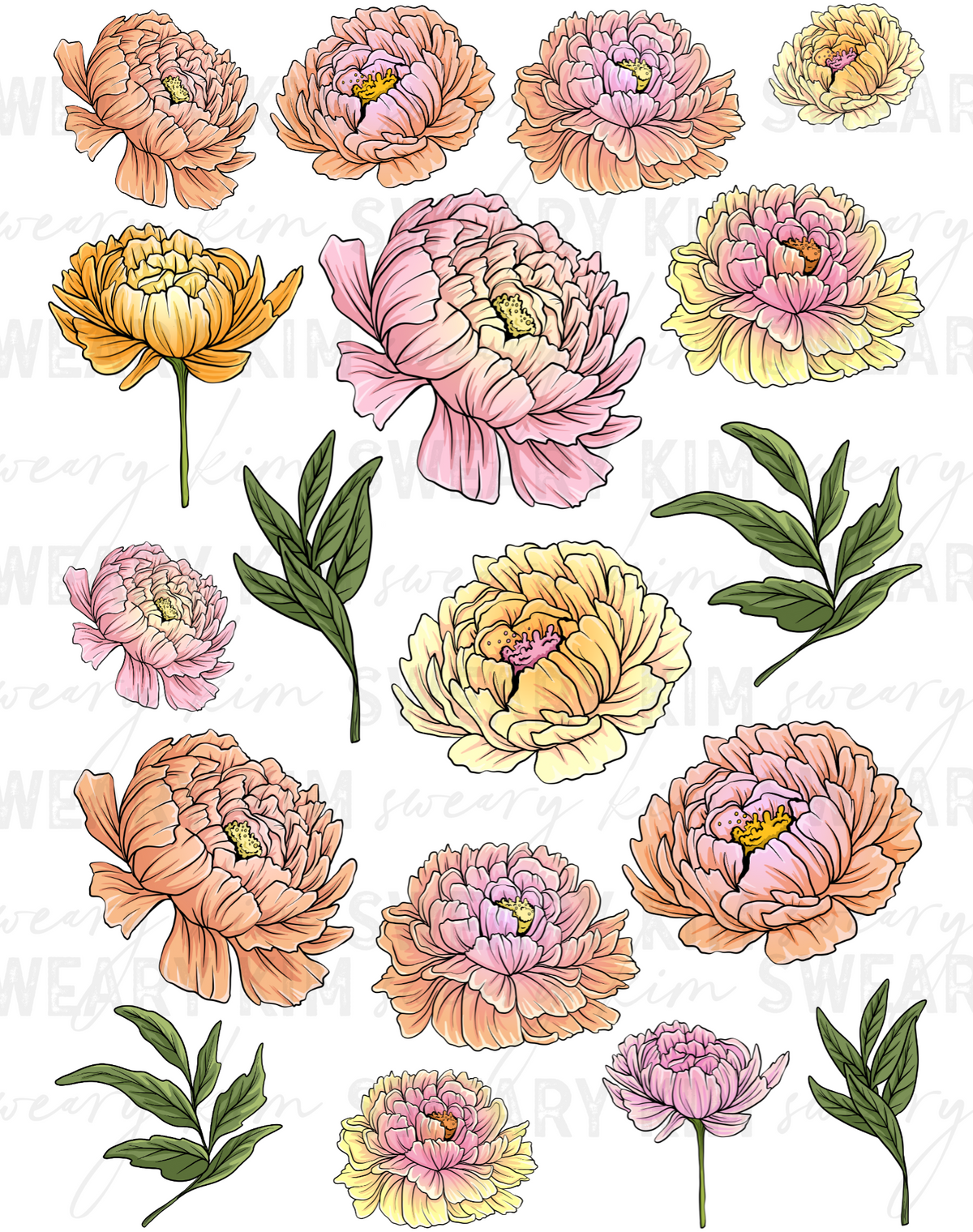 Pink & Yellow Peonies UV Dtf Element Sheet