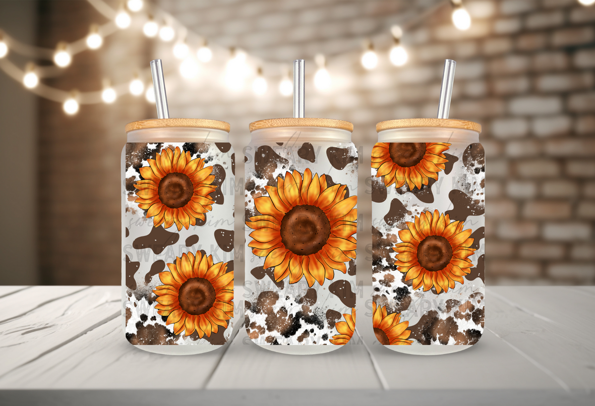 Cowhide Sunflowers UV Dtf 16oz glass can wrap