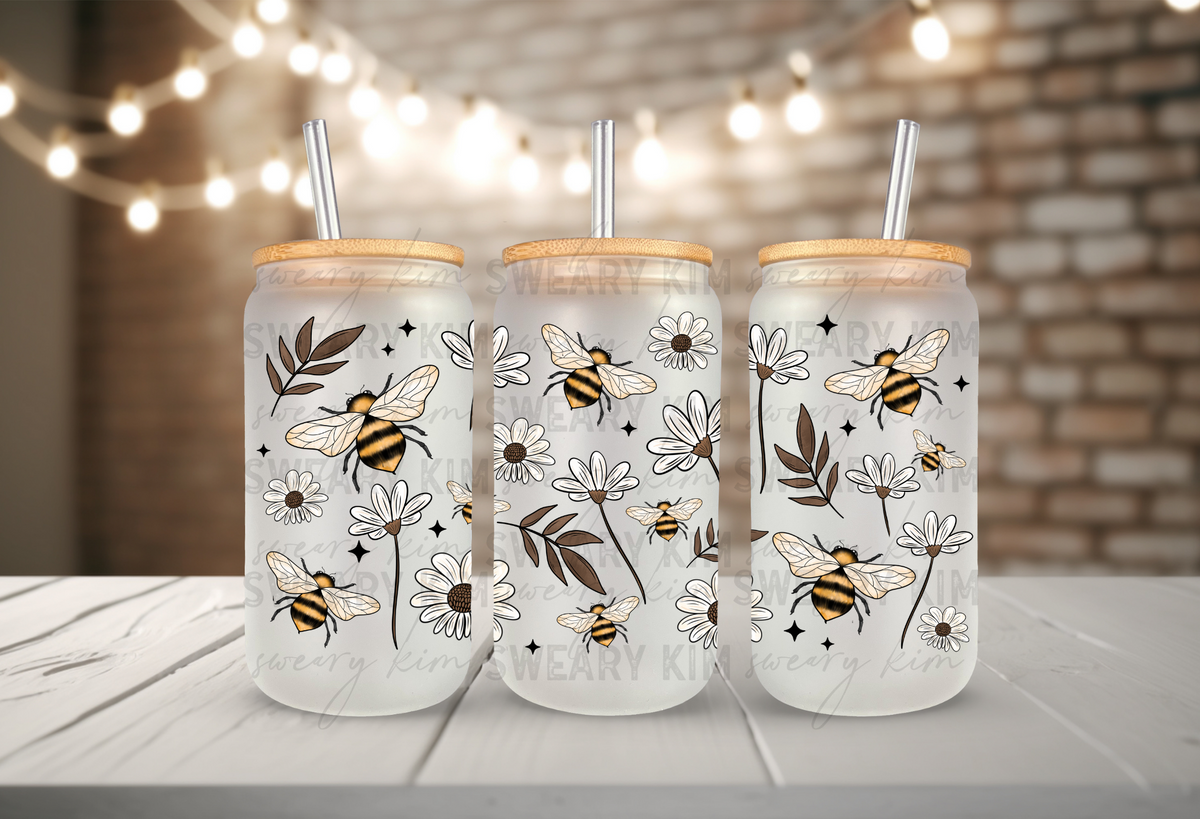 Bee Florals & Stars UV Dtf 16oz glass can wrap