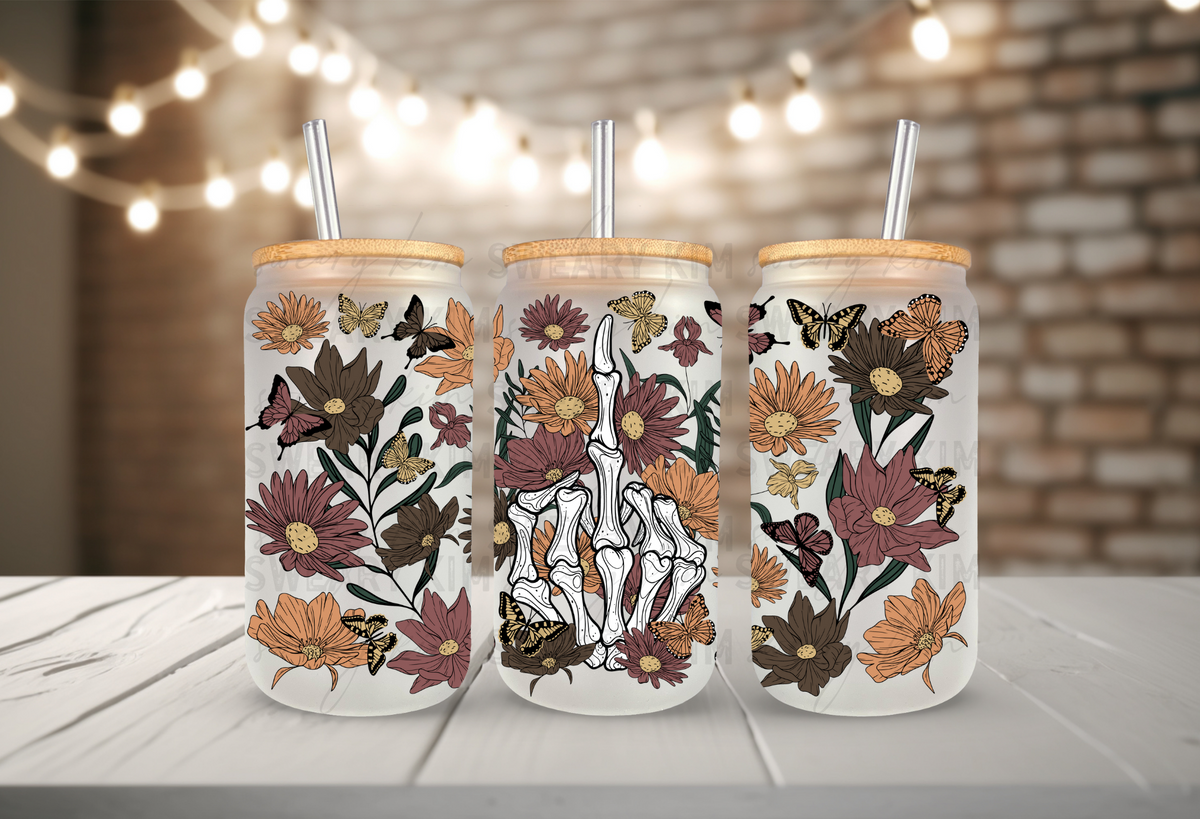 Skellie Middle Finger & Flowers UV Dtf 16oz Glass Can Wrap