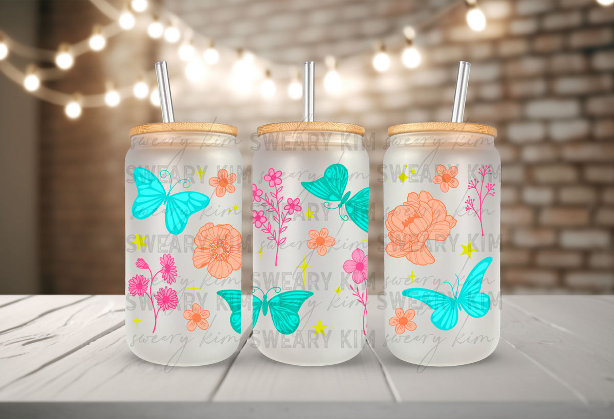 Neon Butterflies, Flowers, & Stars Exclusive UV Dtf 16oz glass can wrap