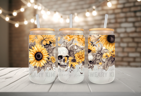Skellie Sunflowers UV Dtf 16oz glass can wrap
