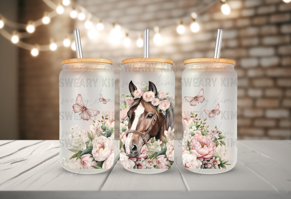 Blush Floral Horse UV Dtf 16oz glass can wrap