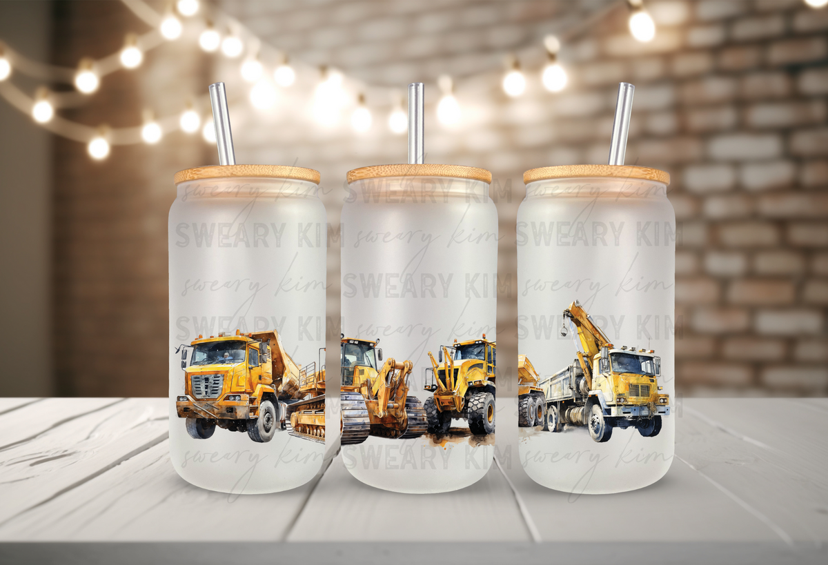 Construction Vehicles UV Dtf 16oz Glass Can Wrap