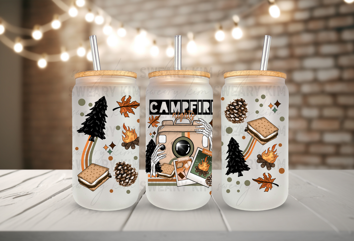 Campfire Nights UV Dtf 16oz Glass Can Wrap