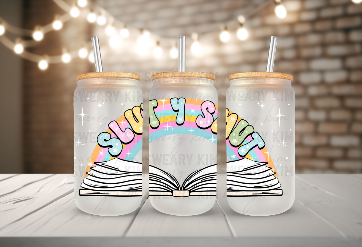 Exclusive Slut For Smut Pastel Rainbow UV Dtf 16oz glass can wrap