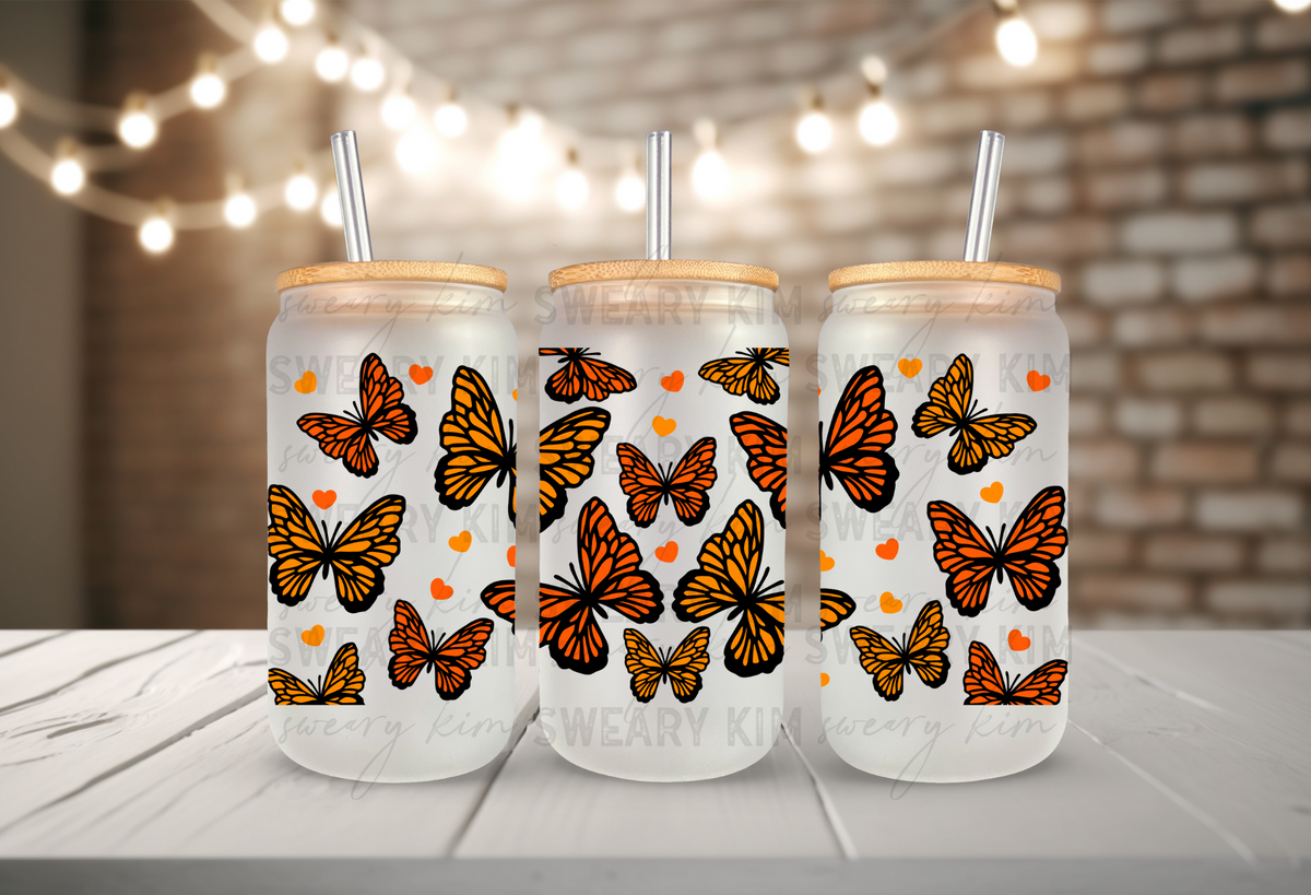 Orangey Butterflies UV Dtf 16oz glass can wrap