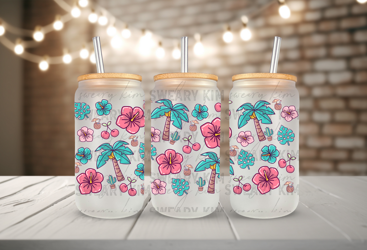 Hibiscus and Palm Trees UV Dtf 16oz glass can wrap